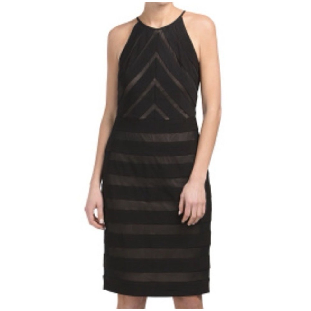 NWT Adrianna Papell Mitered Banded Jersey Mesh Sheath Dress Size 14 LBD Cocktail